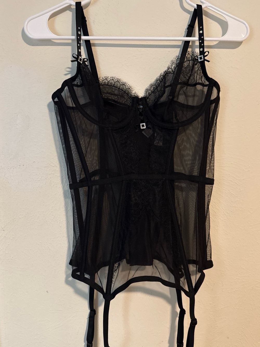 Black Lace Mesh Bustier with Garter Straps
